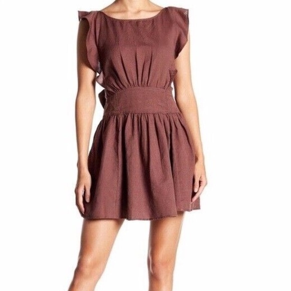 Free People | Erin Skater Linen Mini Dress Womens XS Brown Ruffle Open Back - Picture 2 of 10